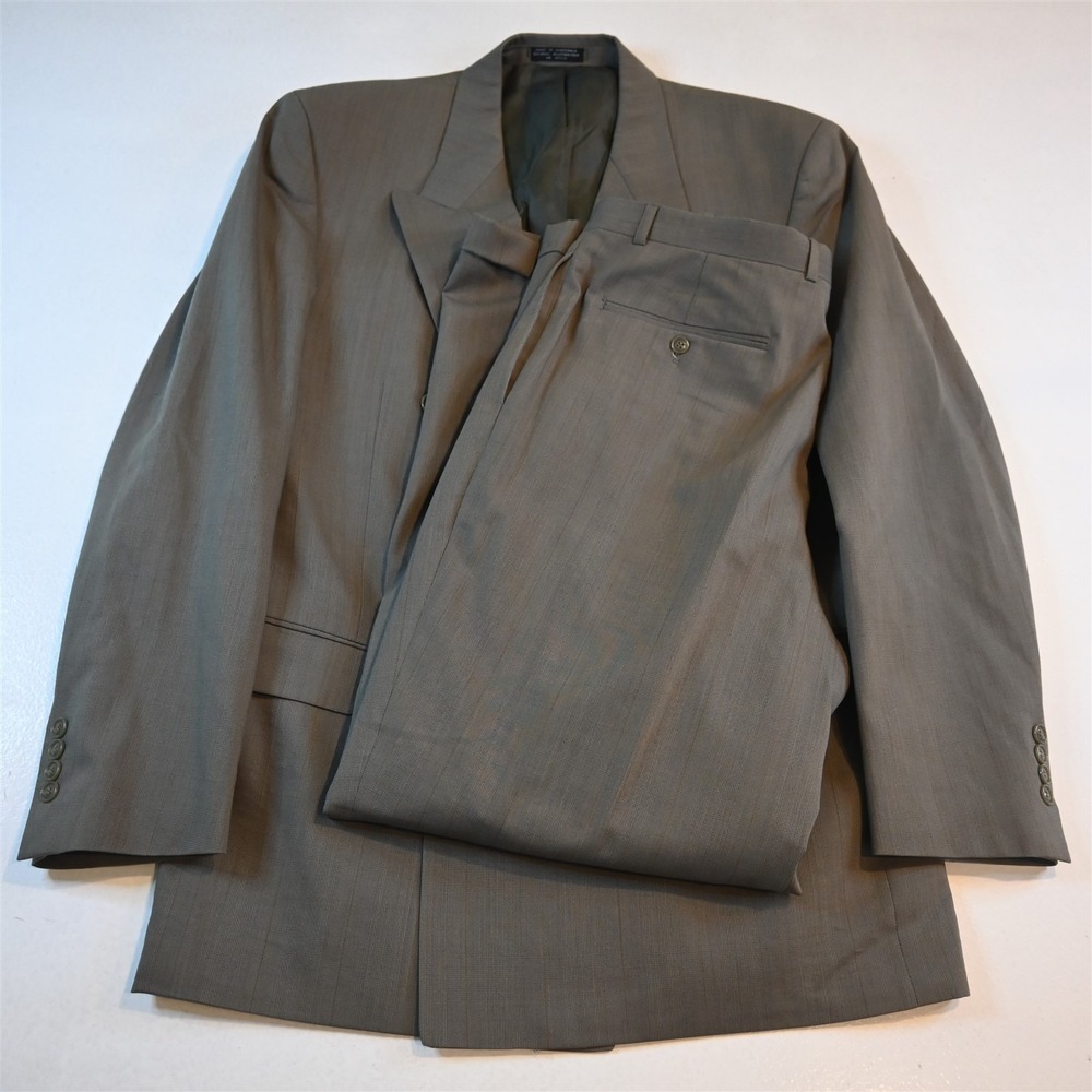 Vtg Mens Double Breasted 44L‎ 34x32 Tan Striped Wool Mens Jacket Pants Suit